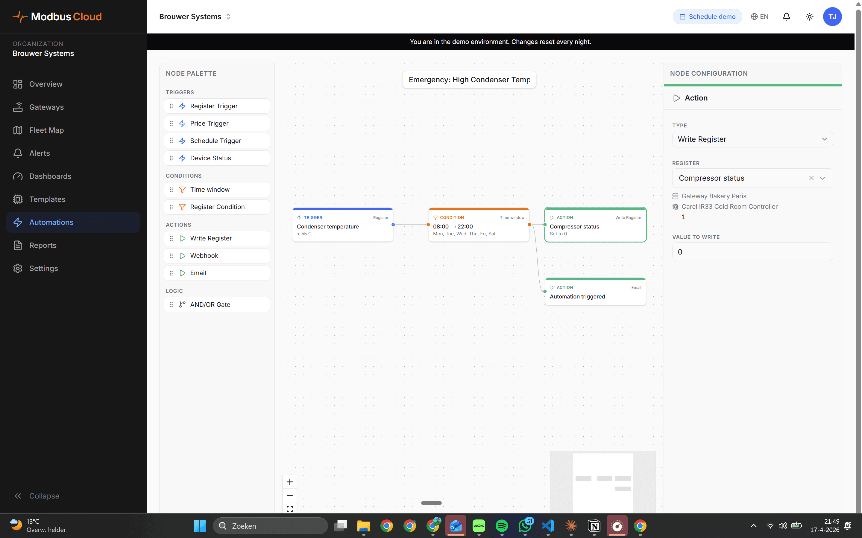 Visual flow editor showing a compressor emergency cut-off above 55 degrees