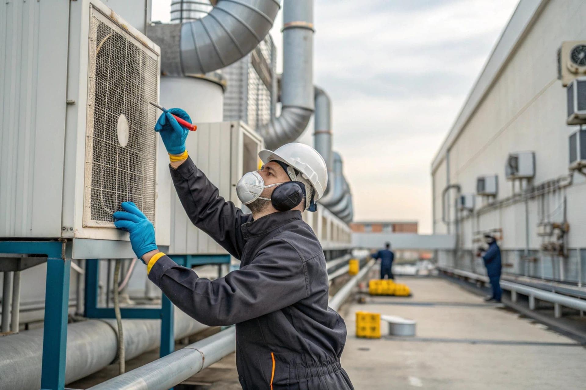 Technicus inspecteert een luchtbehandelingskast op het dak van een kantoorgebouw